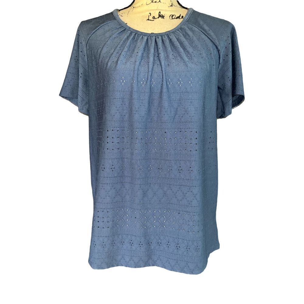 Como Vintage dark dusty blue eyelet short-sleeve blouse small‎